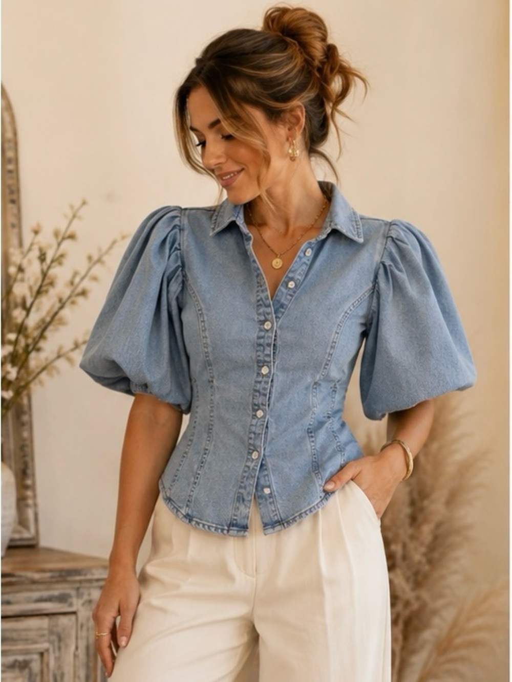 Bagatelle Collection Denim Puff Sleeve Button Front Top Blouse Size M